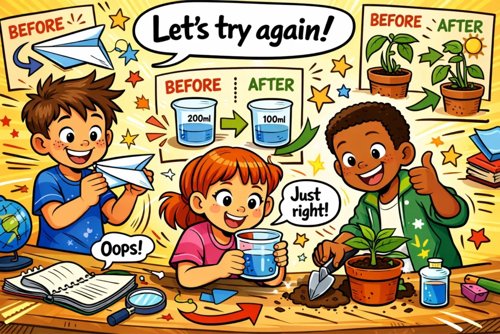 Simple error analysis experiment activities with kids correcting and repeating experiments.
