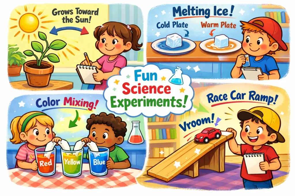 Kids doing simple science experiments to practice hypothesis writing.
