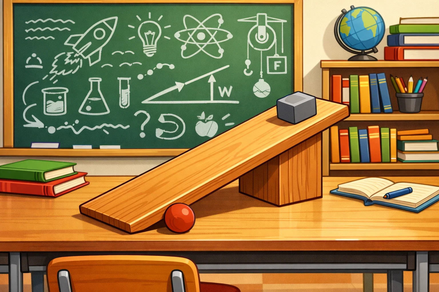 Playful cartoon of an inclined plane, lever, and pulley simple machines on a school desk. Playful cartoon of an inclined plane, lever, and pulley simple machines on a school desk.