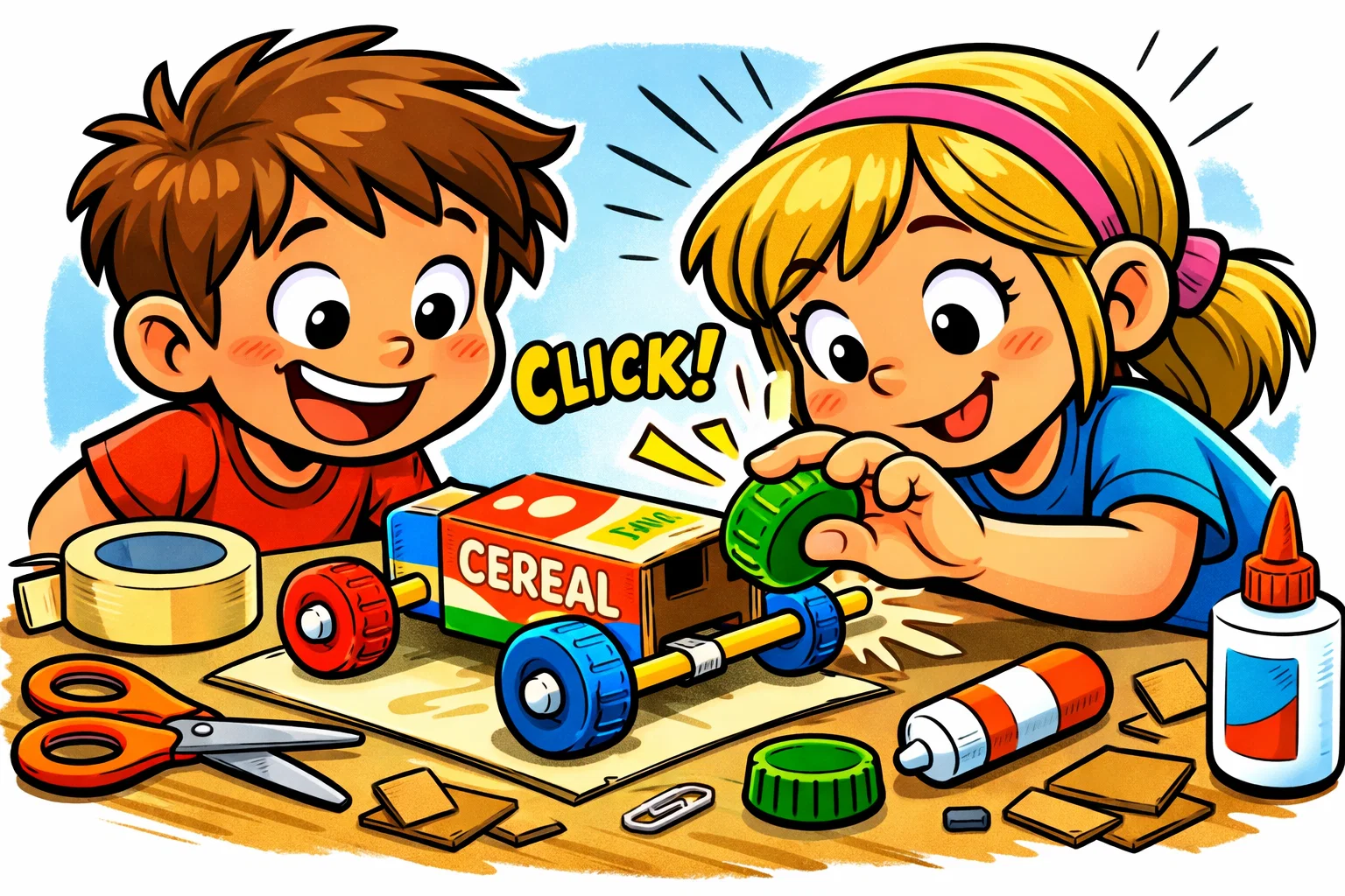 Playful cartoon of kids making a toy car from bottle caps and pencils to learn about simple machines.