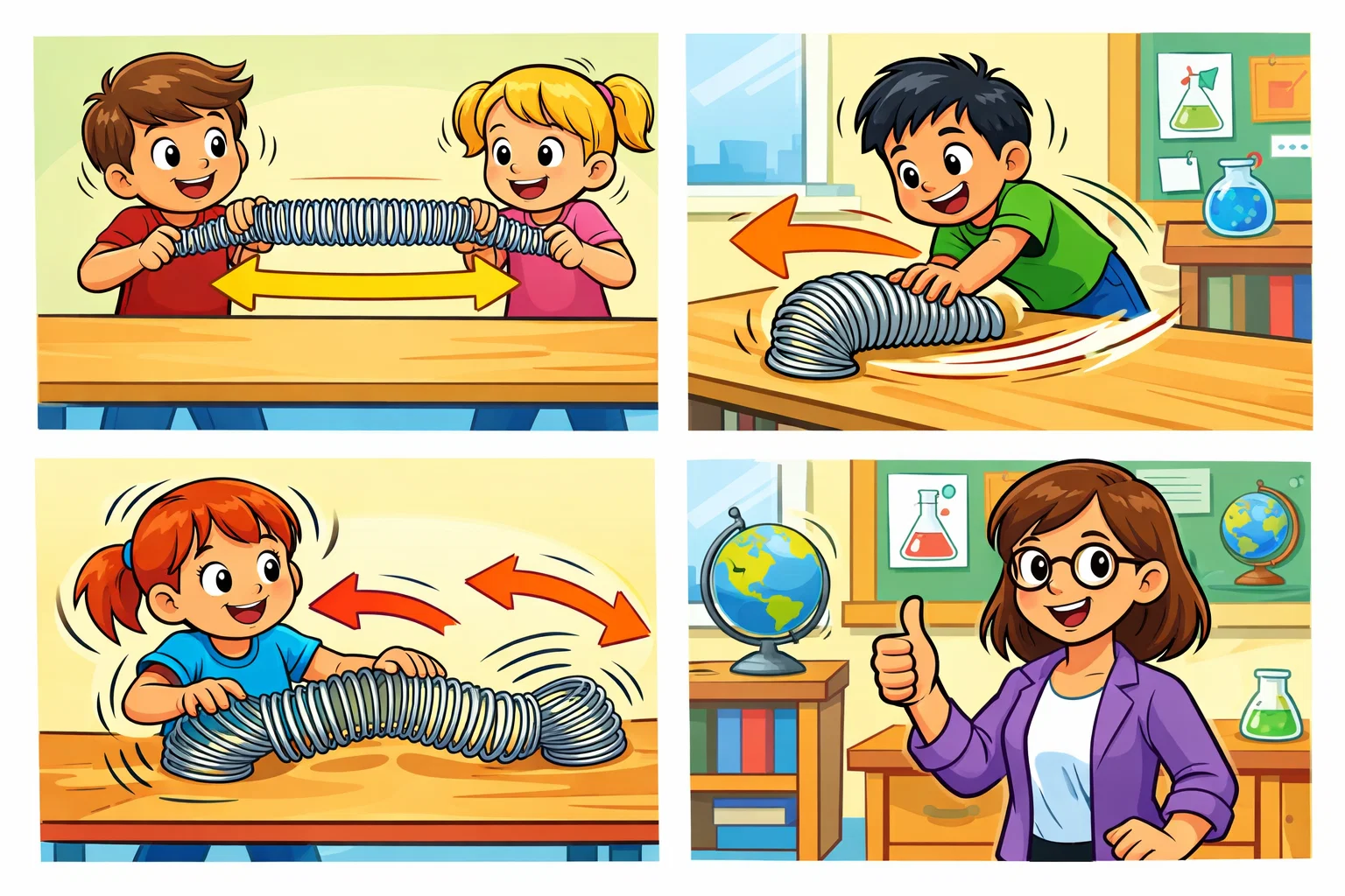 Slinky earthquake experiment procedure showing wave creation methods.