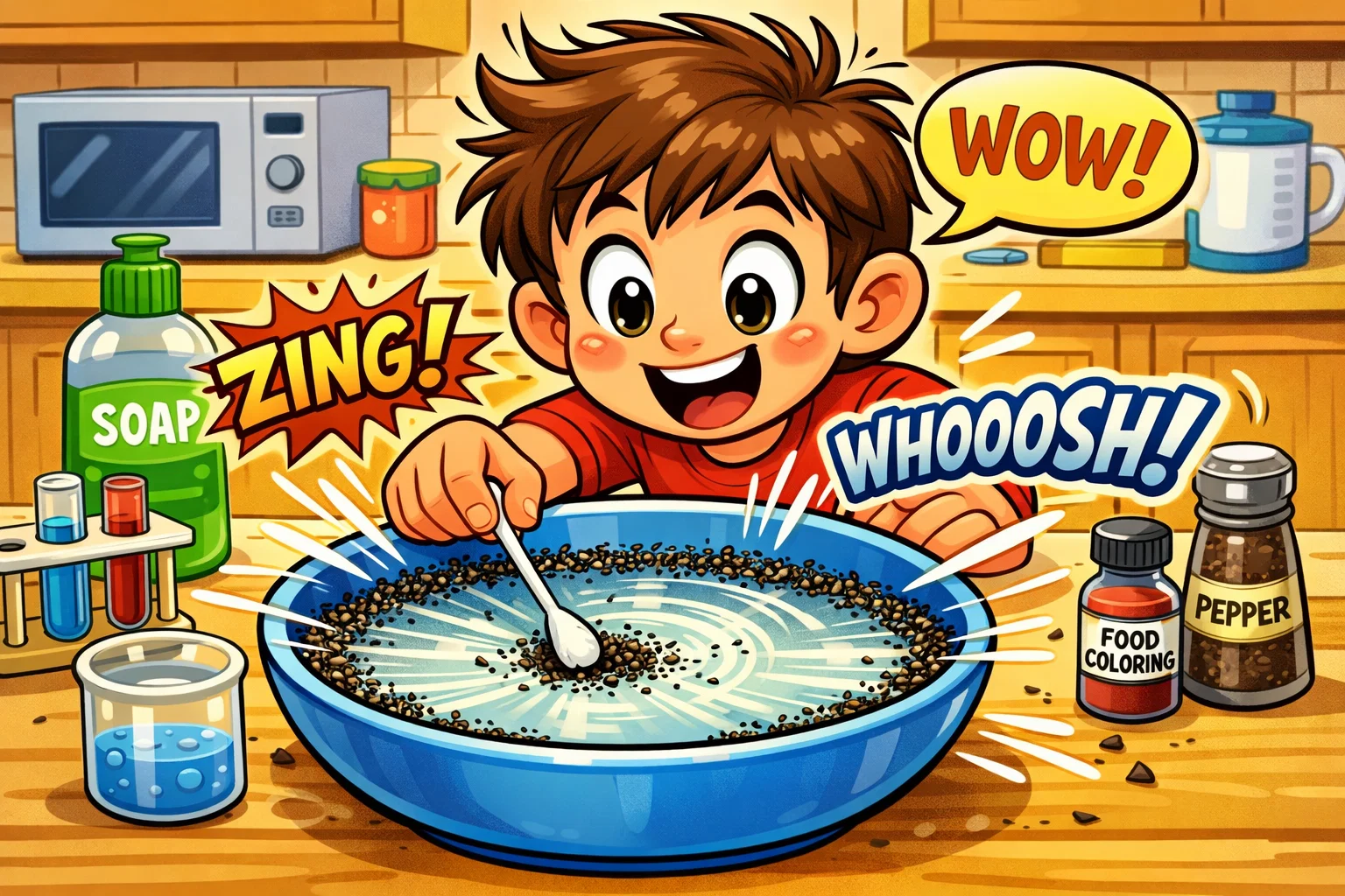 Playful cartoon of a child doing a magic pepper soap experiment to learn about surface tension in a kitchen lab.