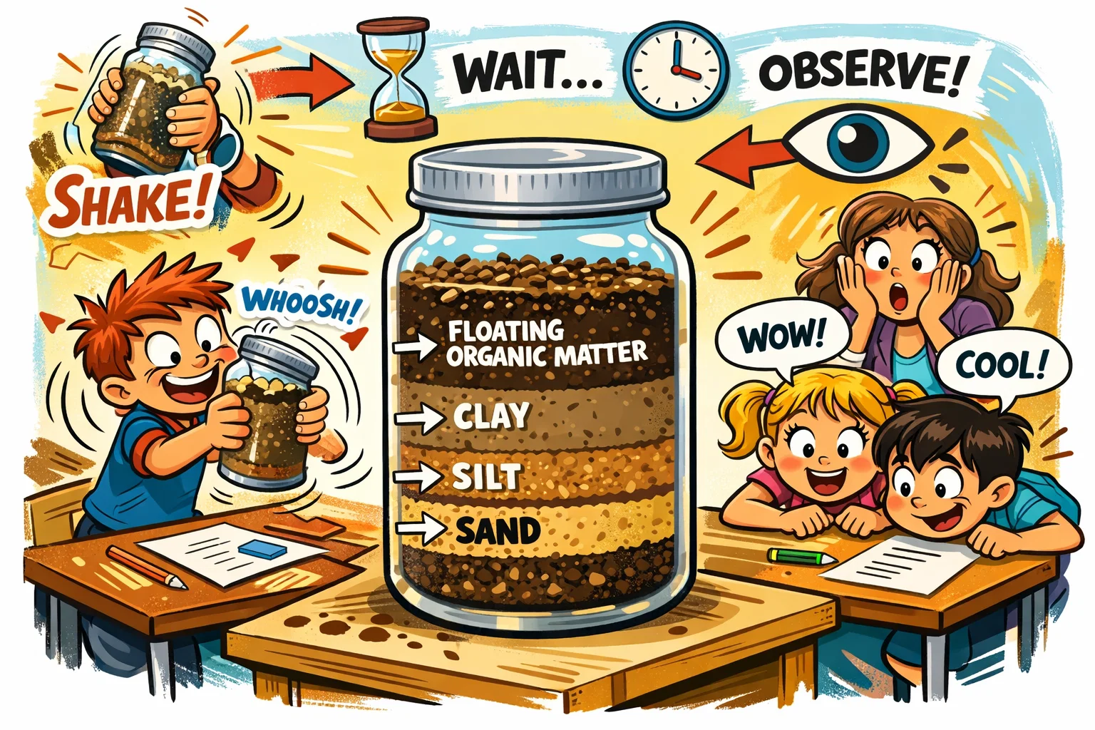 Soil jar science experiment overview with kids observing soil layers forming in water. Soil jar science experiment overview with kids observing soil layers forming in water.