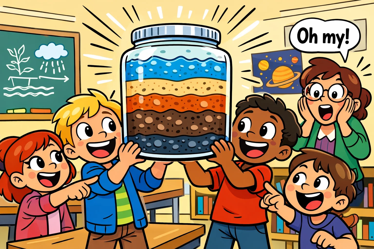 Soil layers experiment for kids using a jar with visible sand silt and clay layers.