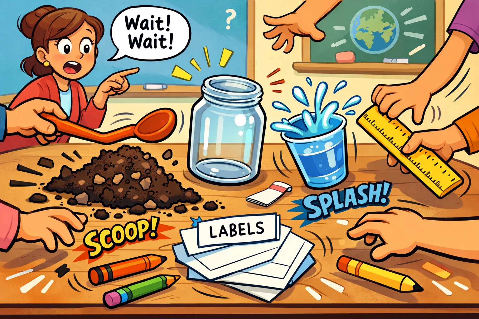 Soil layers jar experiment materials laid out for a hands on science activity. Soil layers jar experiment materials laid out for a hands on science activity.