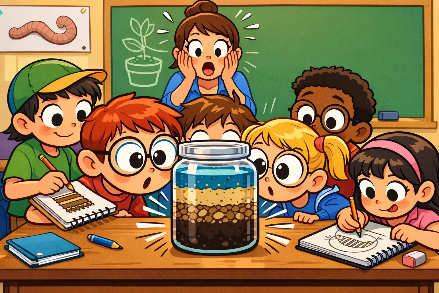 Soil layers observation process with kids watching sand silt and clay separate in a jar. Soil layers observation process with kids watching sand silt and clay separate in a jar.