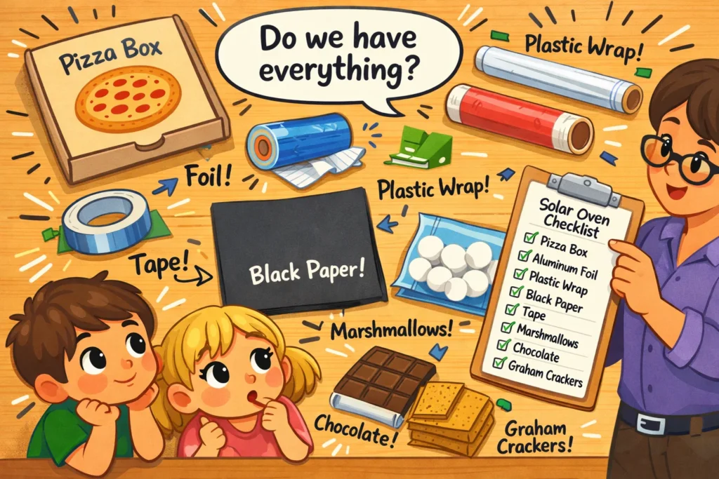 Solar oven project supplies laid out for kids science activity.