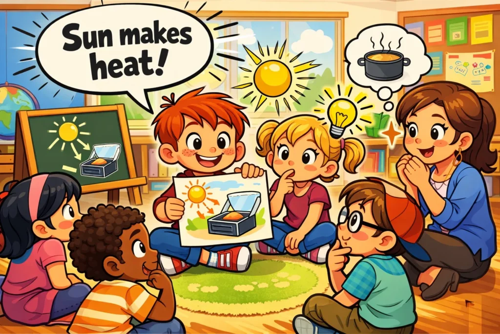 Kids having solar oven science discussion after experiment.
