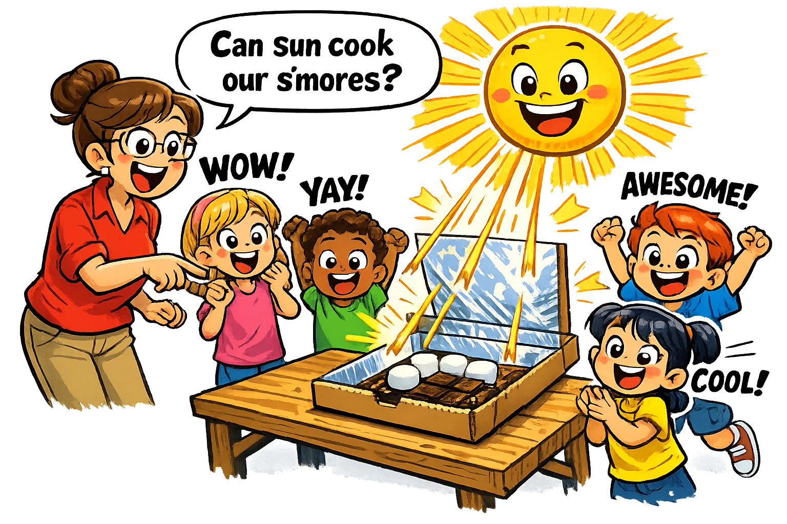 Kids doing solar oven smores challenge and testing melting with sunlight.