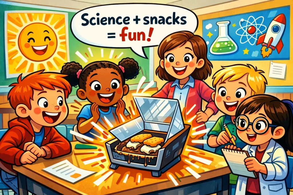 Children enjoy solar oven stem activity while melting smores.