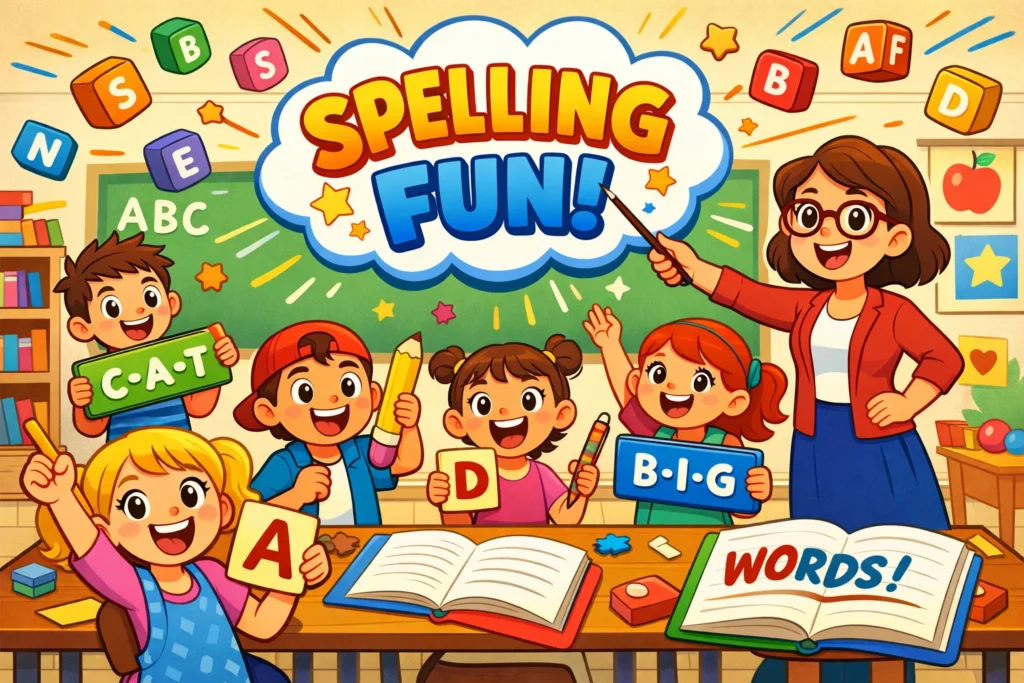 Spelling activities for kids in a classroom with playful learning and word games.