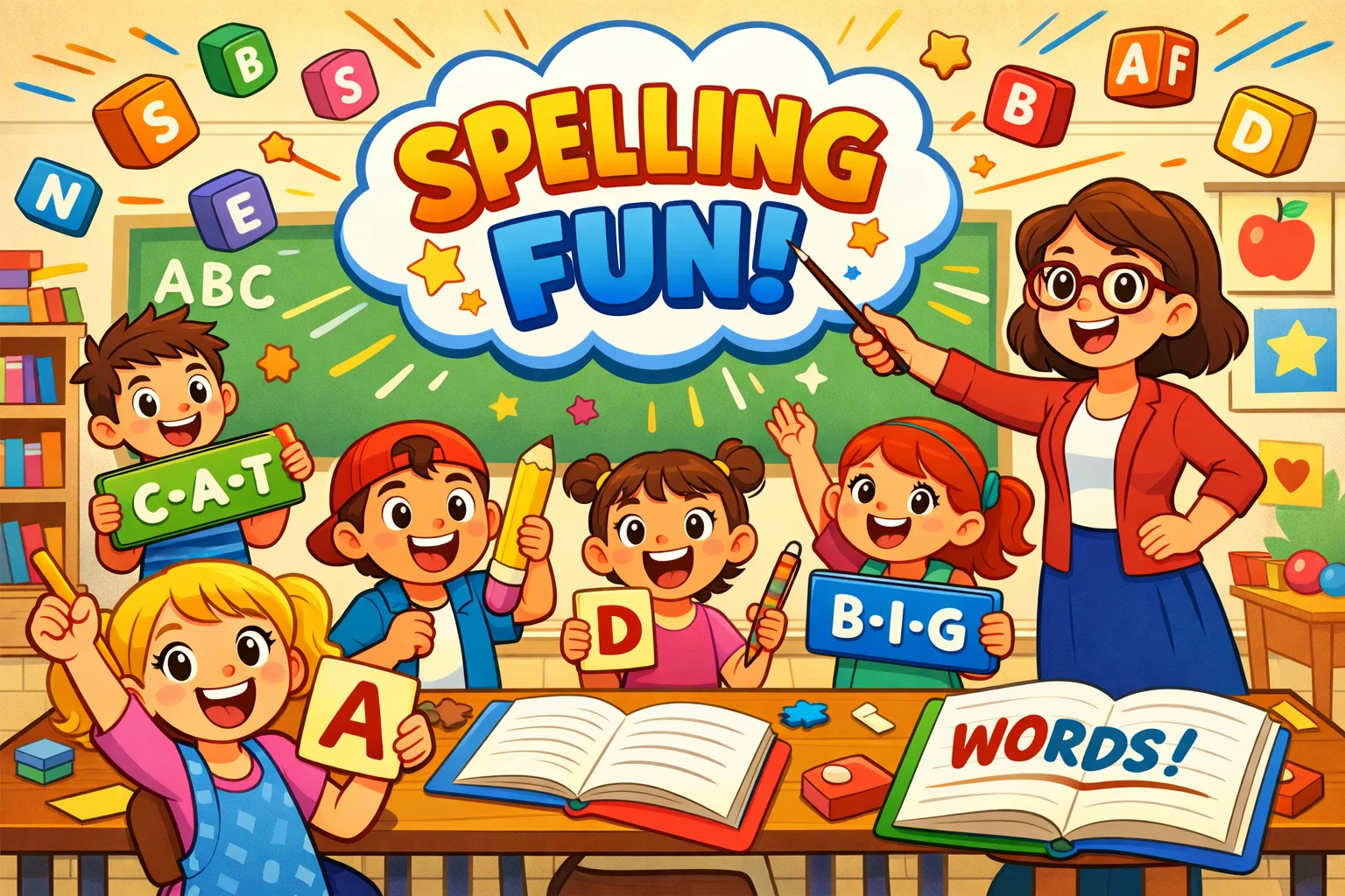 Spelling activities for kids in a classroom with playful learning and word games.