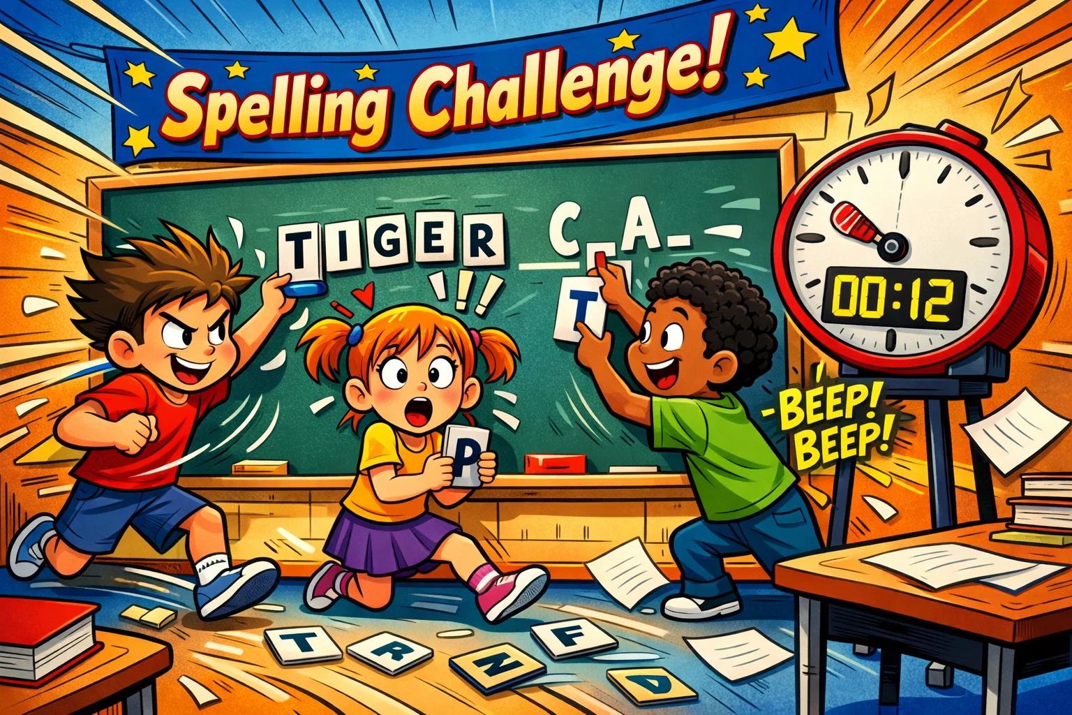 Spelling challenges for kids with fun competition and word practice.