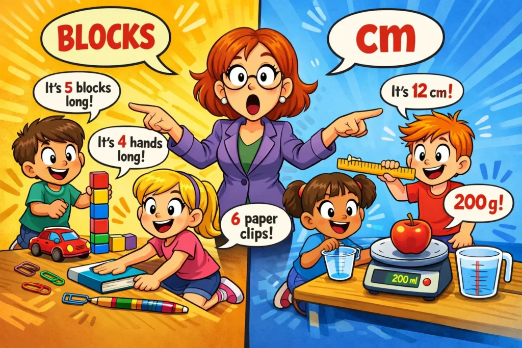 Standard and non standard measurement in science using blocks and metric tools.
