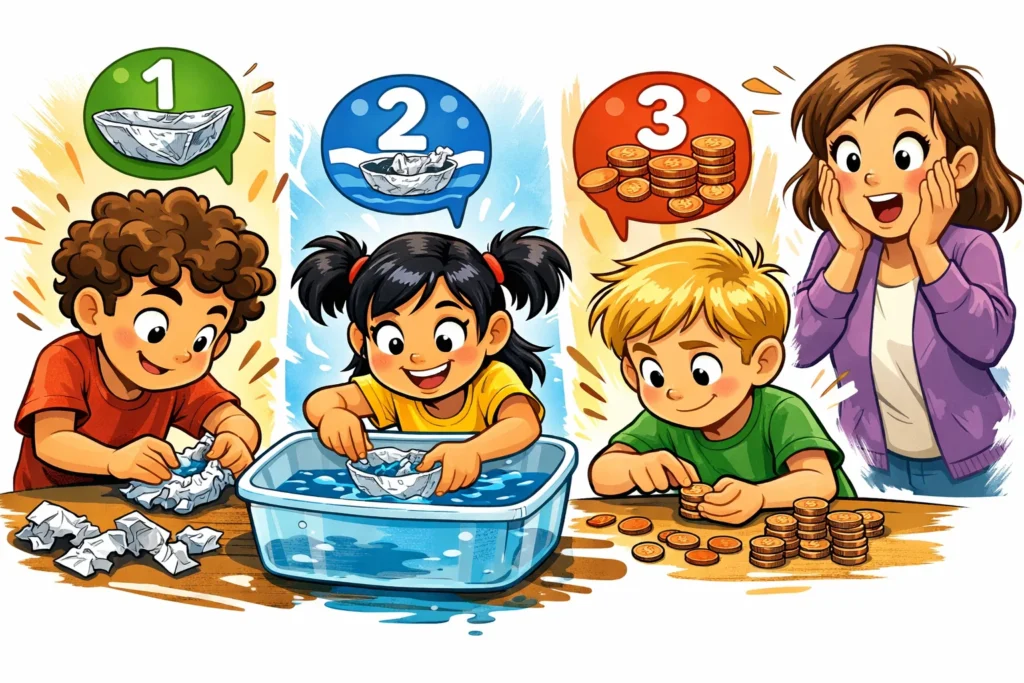 Step by step boat buoyancy challenge guide with kids testing foil boats.