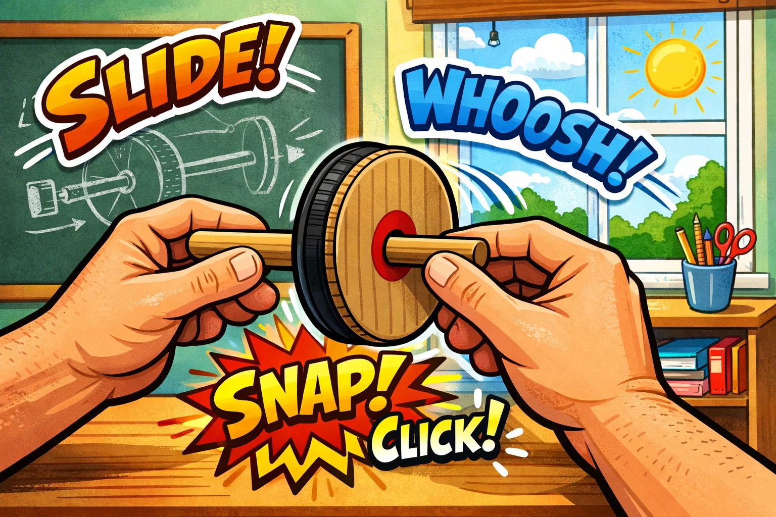 Close-up cartoon of hands assembling a wheel in a sunny classroom setting.