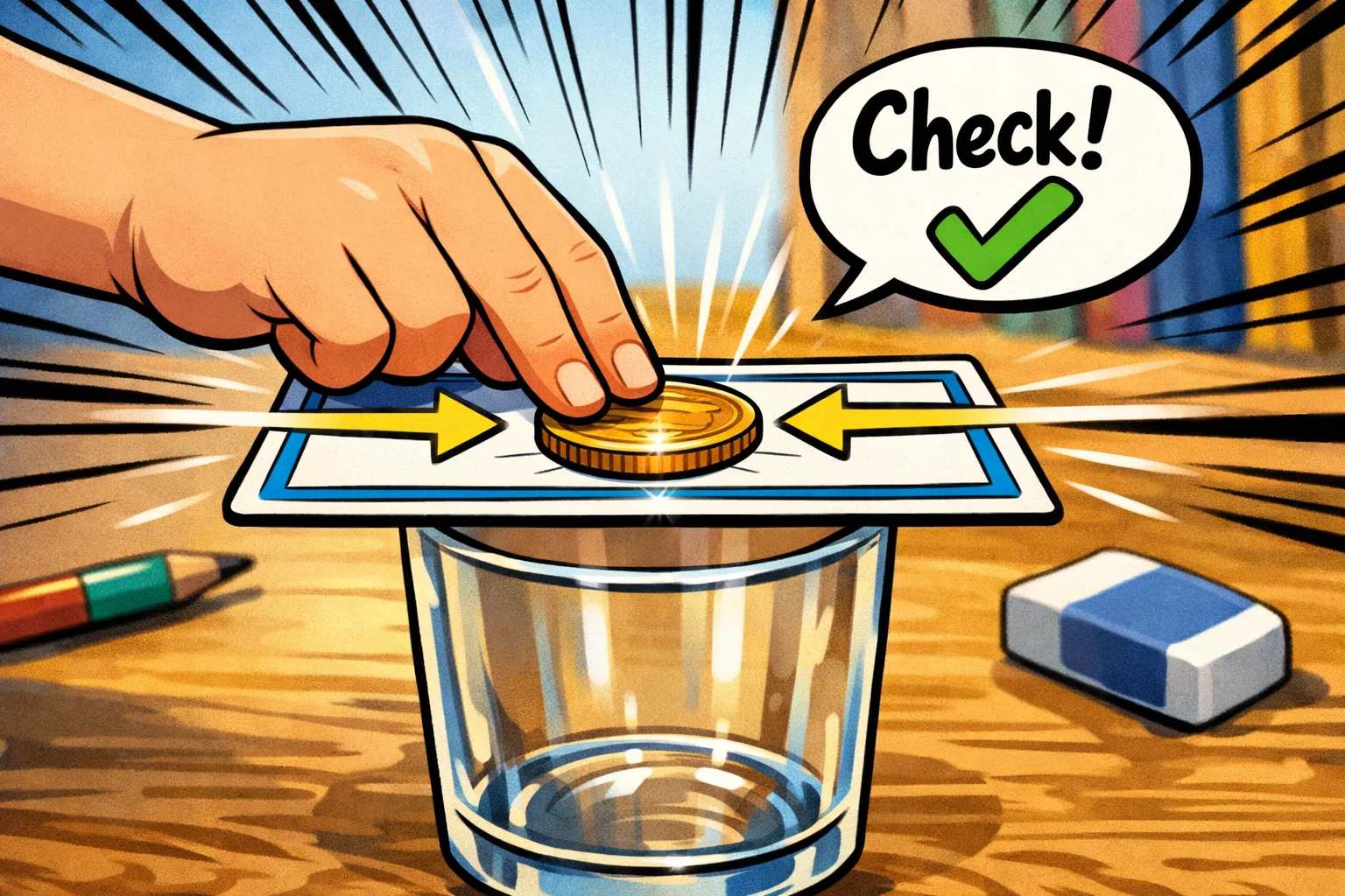 Cartoon close-up of a hand placing a coin on a card over a cup, showing the correct setup steps. Cartoon close-up of a hand placing a coin on a card over a cup, showing the correct setup steps.