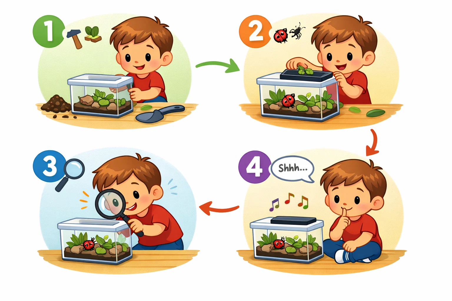 Step by step insect habitat observation experiment for kids using a simple habitat box. Step by step insect habitat observation experiment for kids using a simple habitat box.