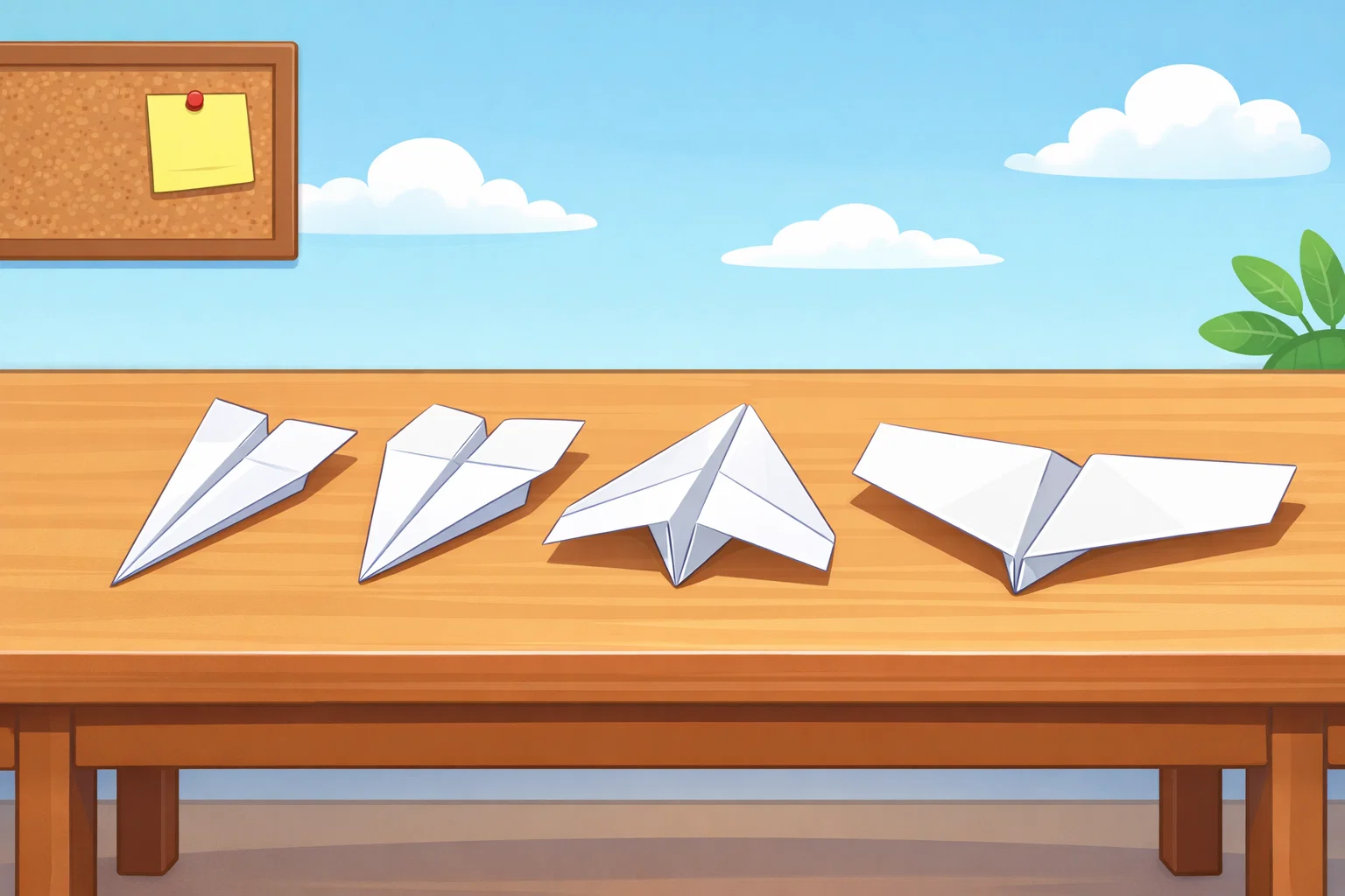 Four different cartoon paper airplane designs arranged on a table in a simple comic style. Four different cartoon paper airplane designs arranged on a table in a simple comic style.