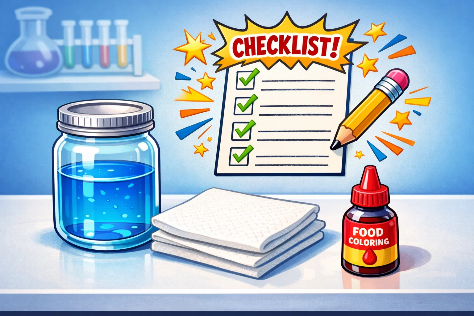 Cartoon science workstation with jars, food coloring, and a checklist for STEM experiment instructions. Cartoon science workstation with jars, food coloring, and a checklist for STEM experiment instructions.