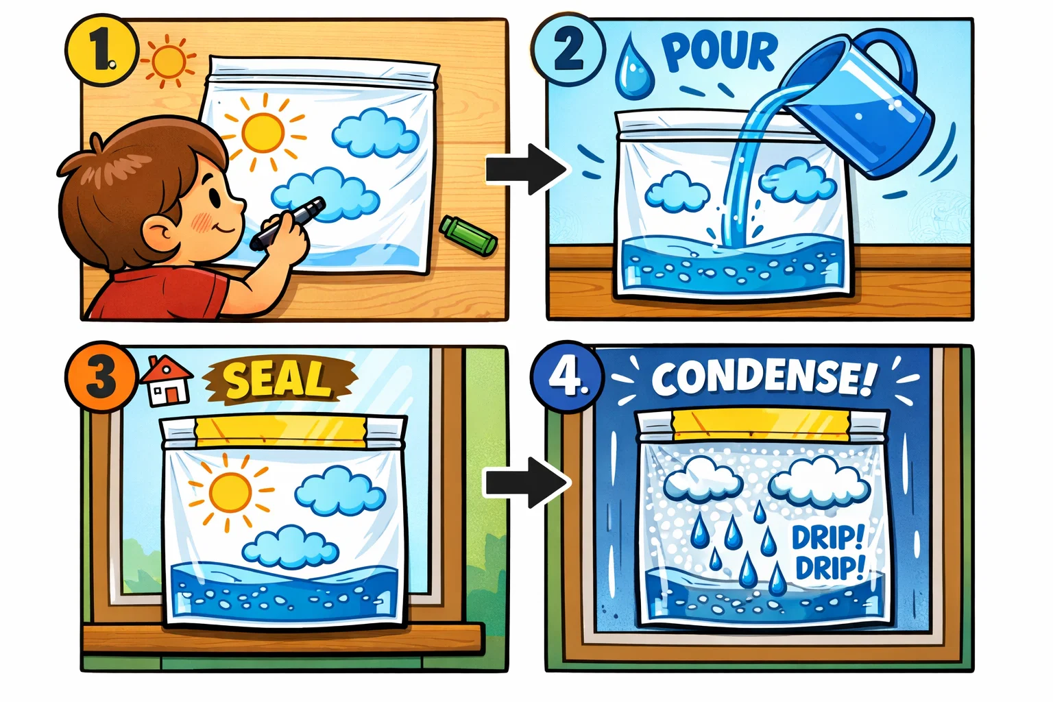 Step by step water cycle bag experiment setup with drawing, water, and sunlight.