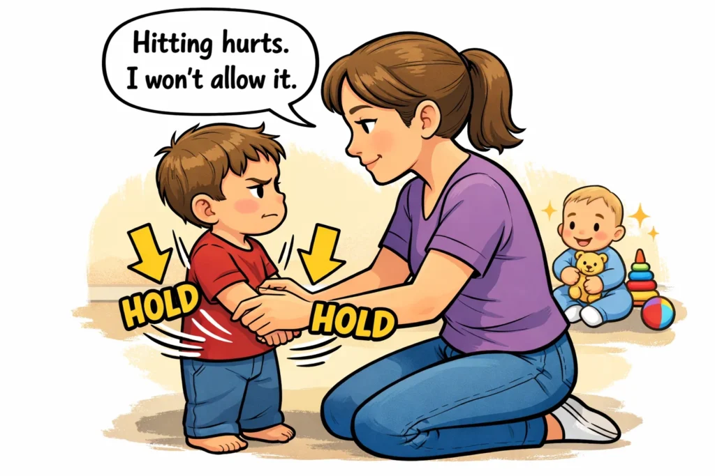 Parent stopping toddler hitting baby with calm and firm response.
