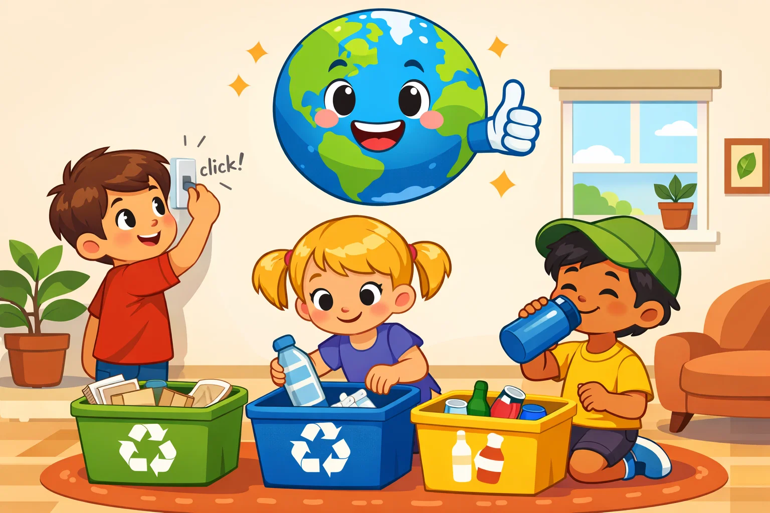 Sustainability activities for kids with eco stewards planting trees and recycling together.
