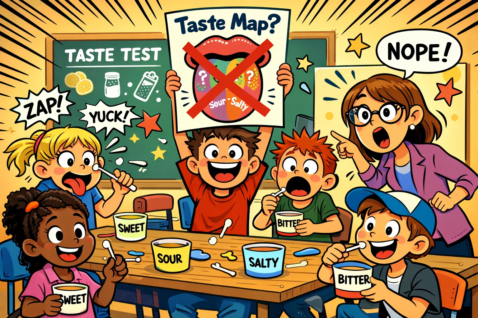 Taste buds experiment kids testing flavors during taste map myth test.