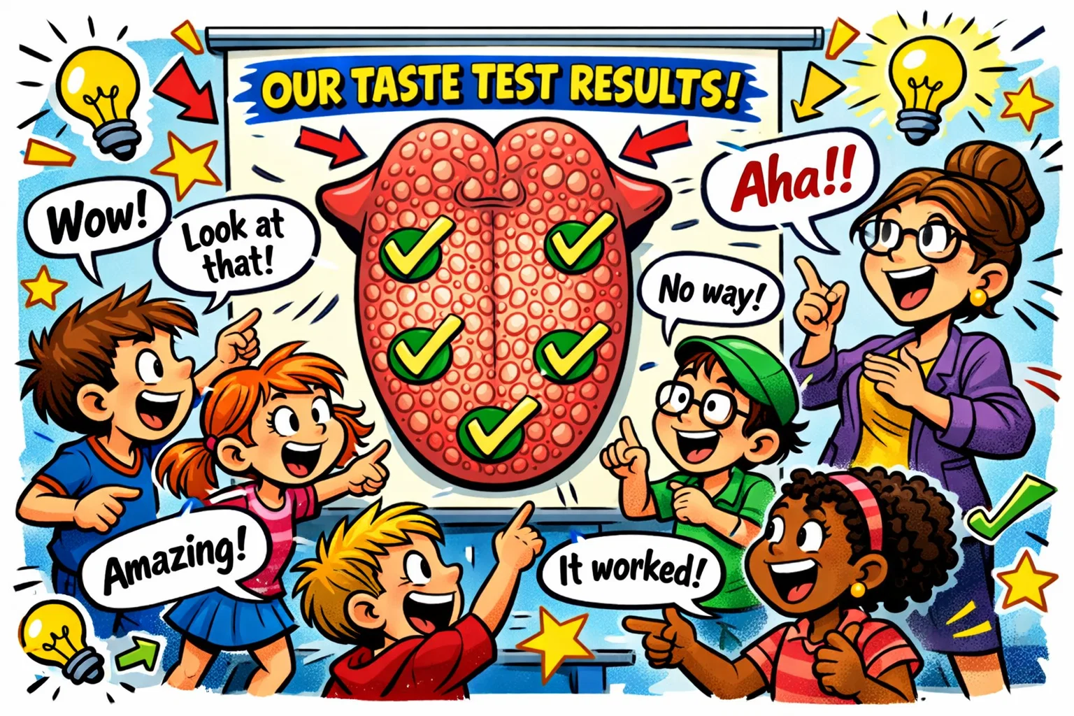 Taste experiment results explained with tongue chart and checkmarks.