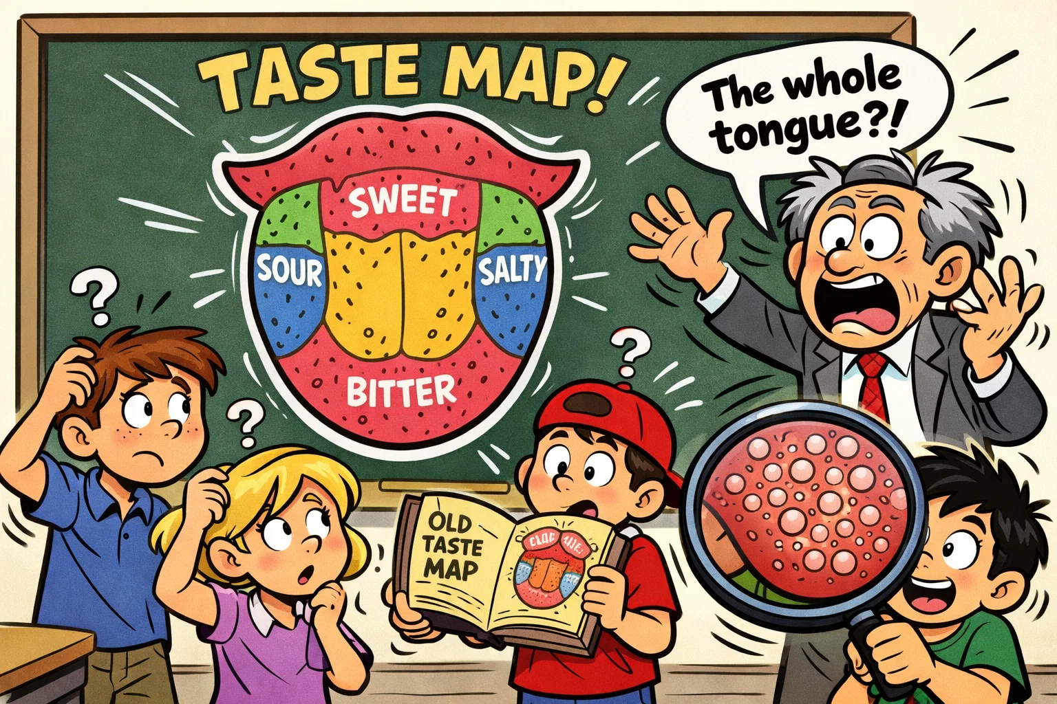 Taste map myth explained with tongue diagram and confused students.