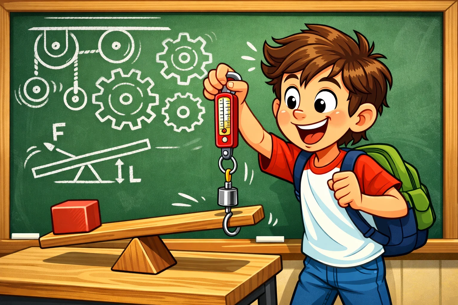 Cartoon of a student in a science lab using a spring scale to measure force on a lever model.
