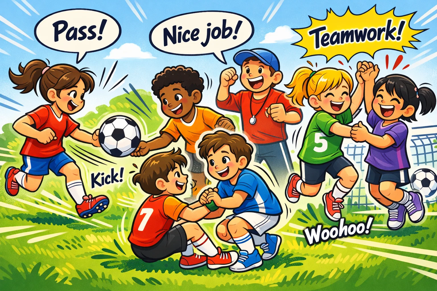 Team sports and cooperative play for kids working together and having fun.