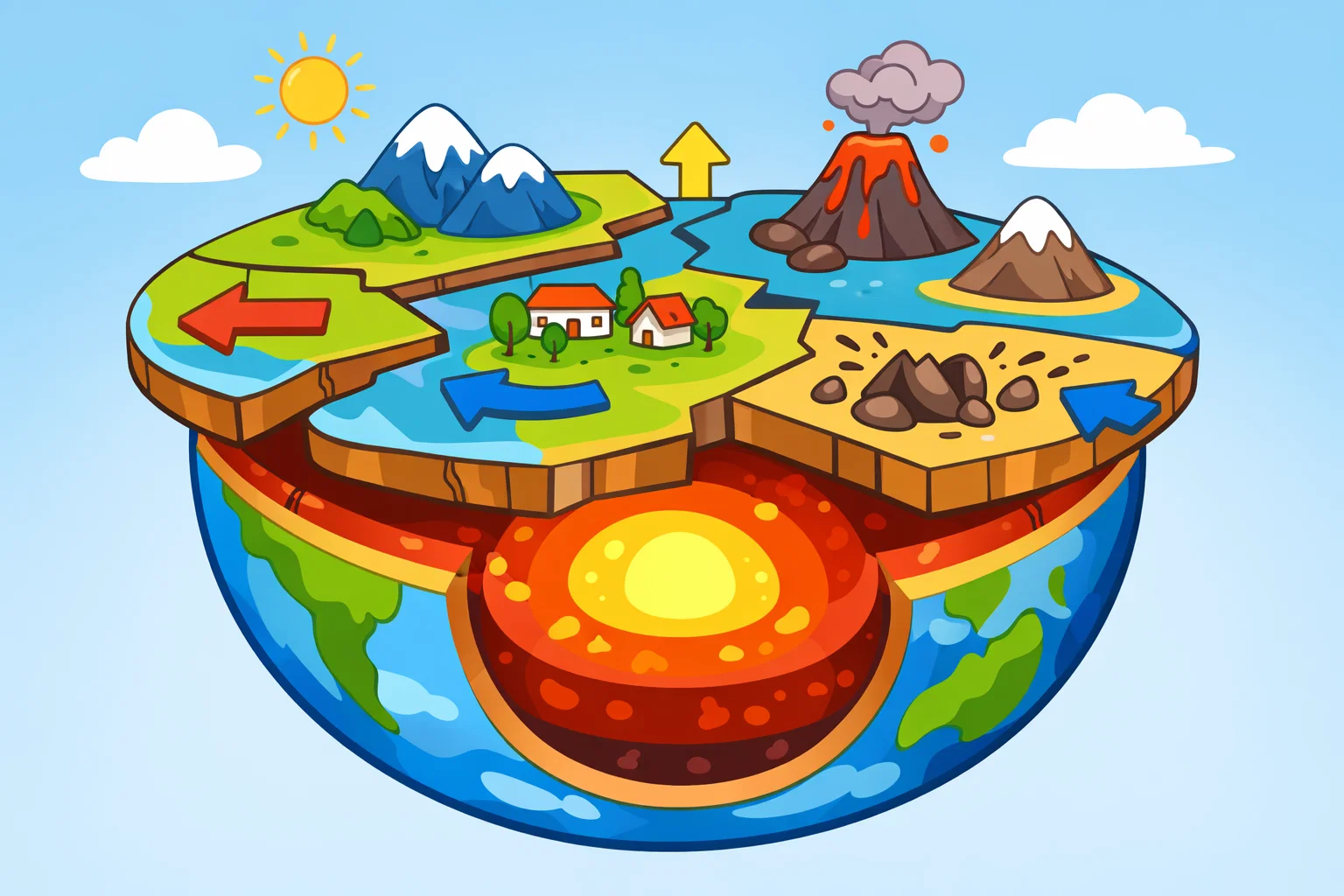 Tectonic plate theory basics for kids with Earth layers and moving plates.