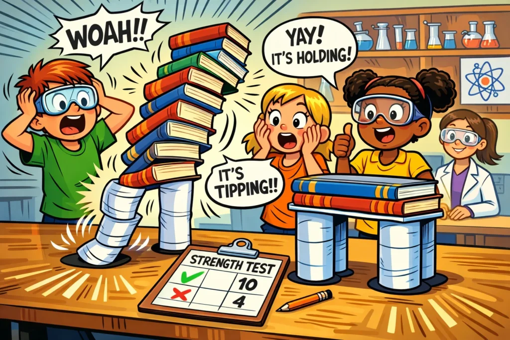 Testing paper compression strength for kids using weight stacking.

