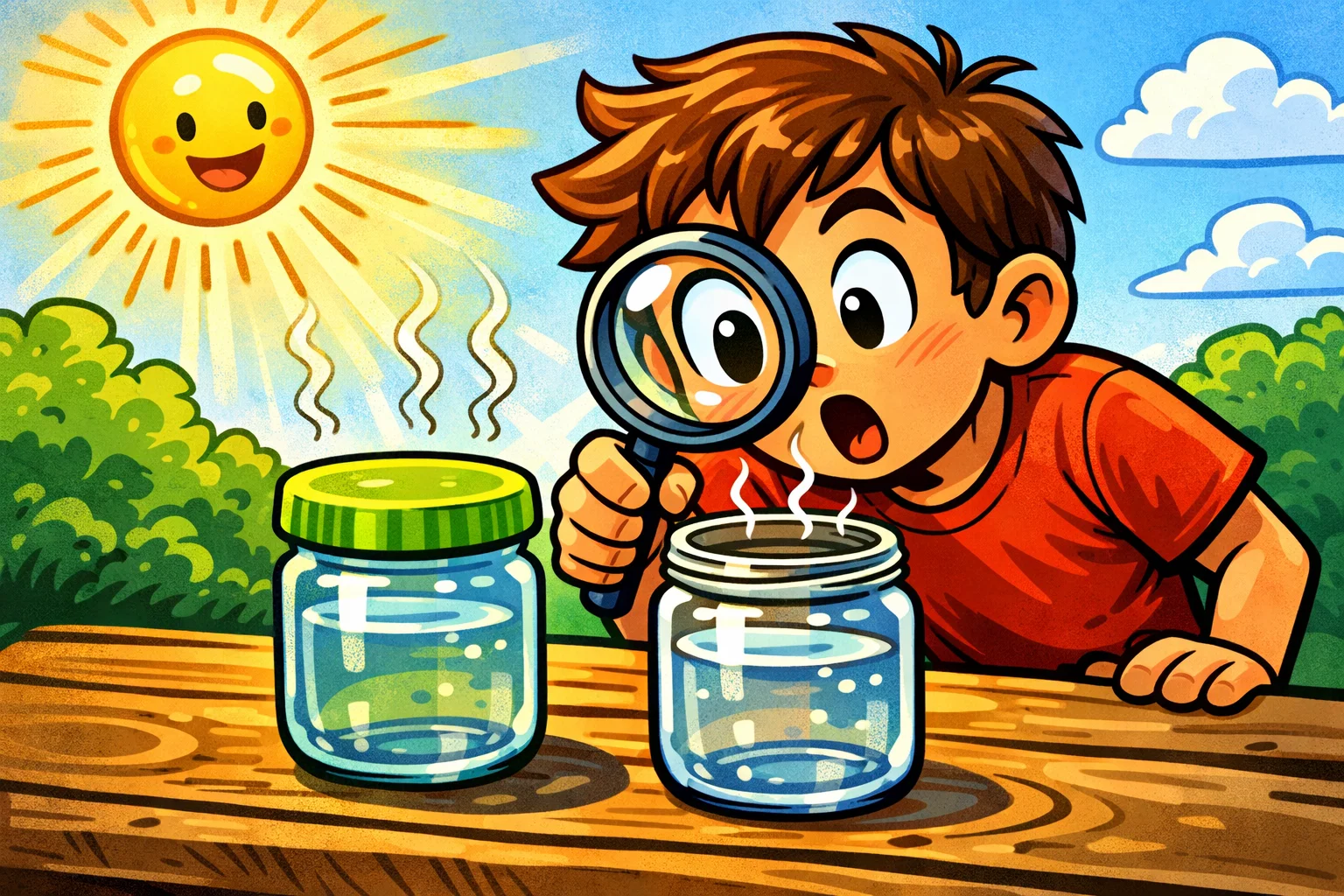 A cartoon of a student observing heat and thermal energy changes in glass jars during a sunny experiment.