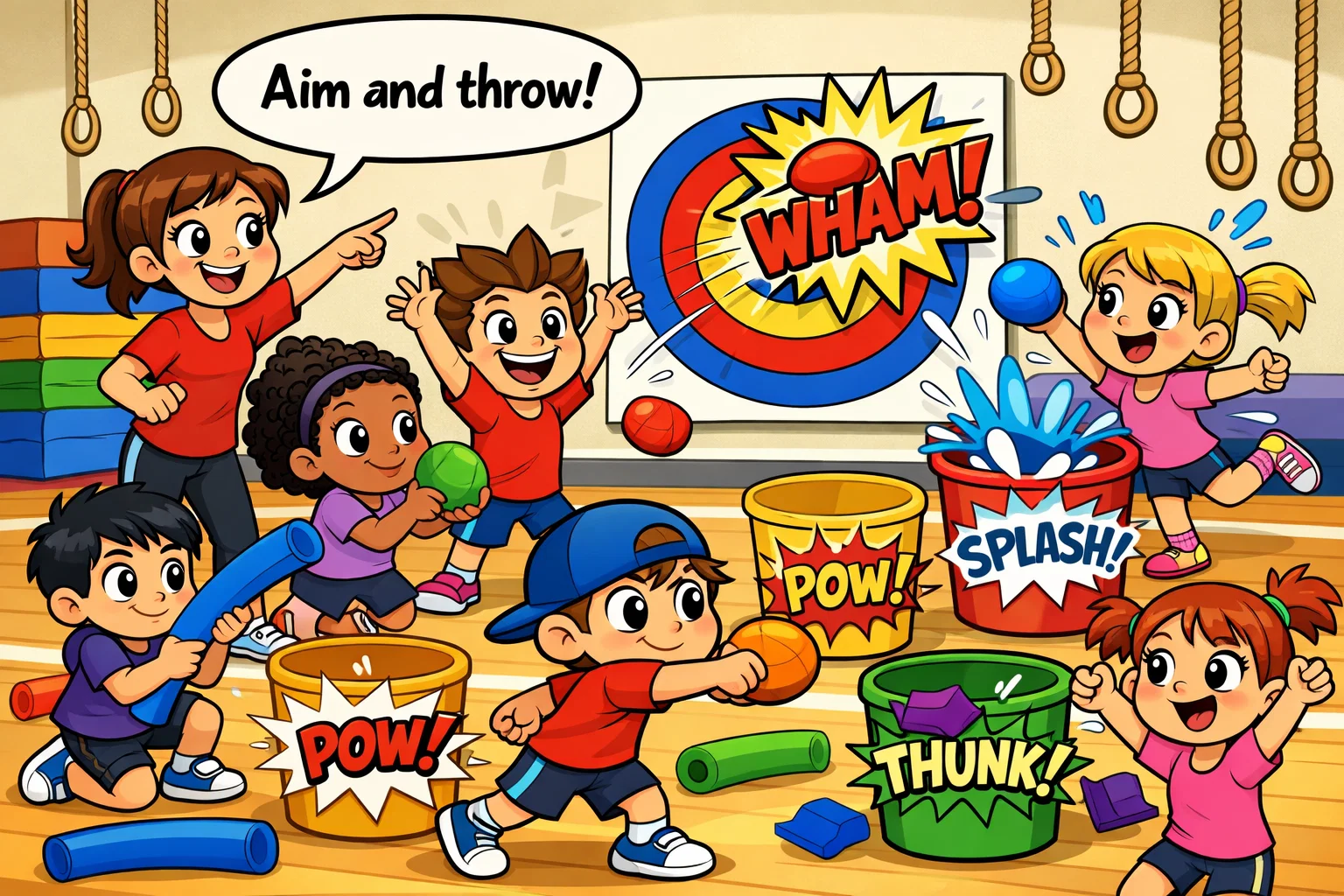 Throwing and target PE activities for kids aiming at colorful gym targets.