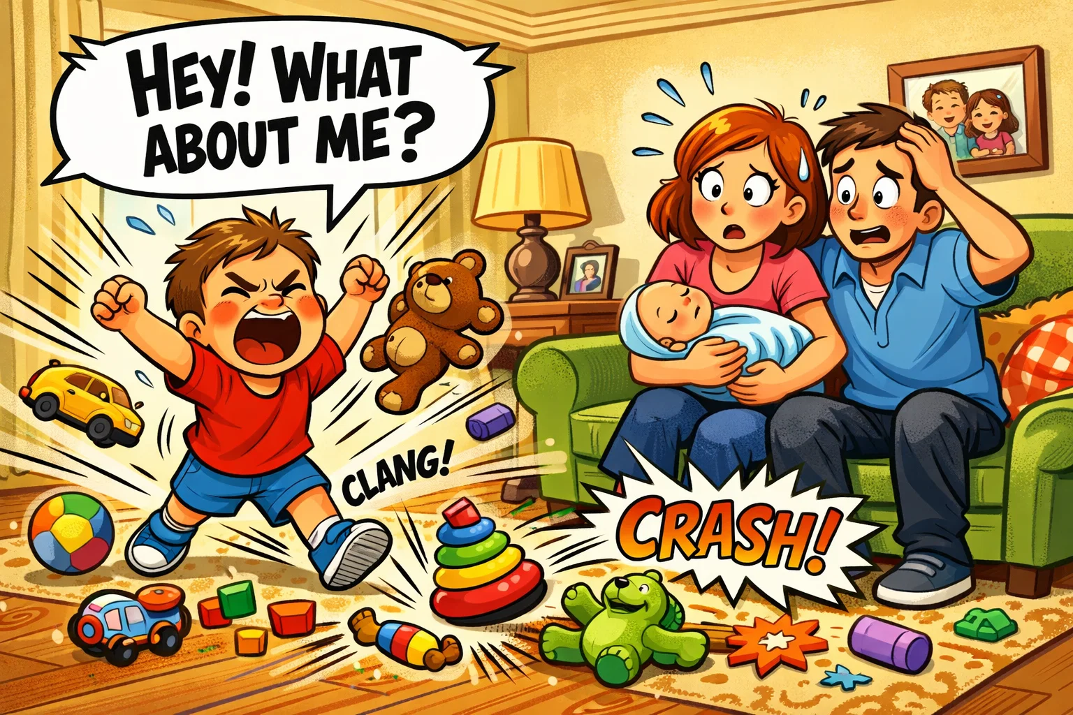 Toddler acting out after new sibling arrival while parents care for baby.