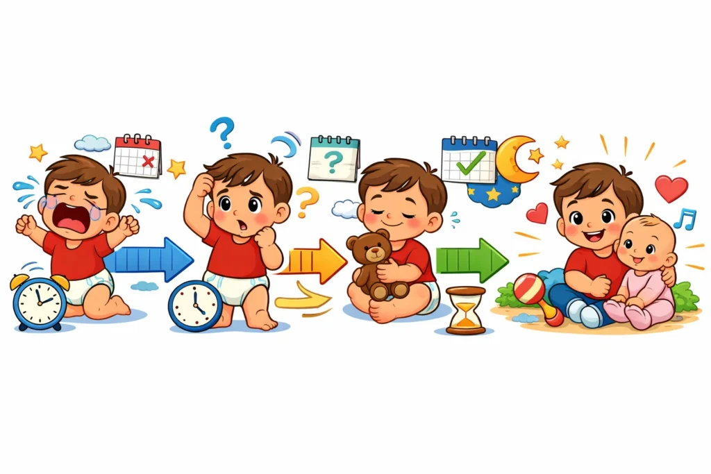 Toddler adjustment timeline after new sibling arrival with stages of behavior change.