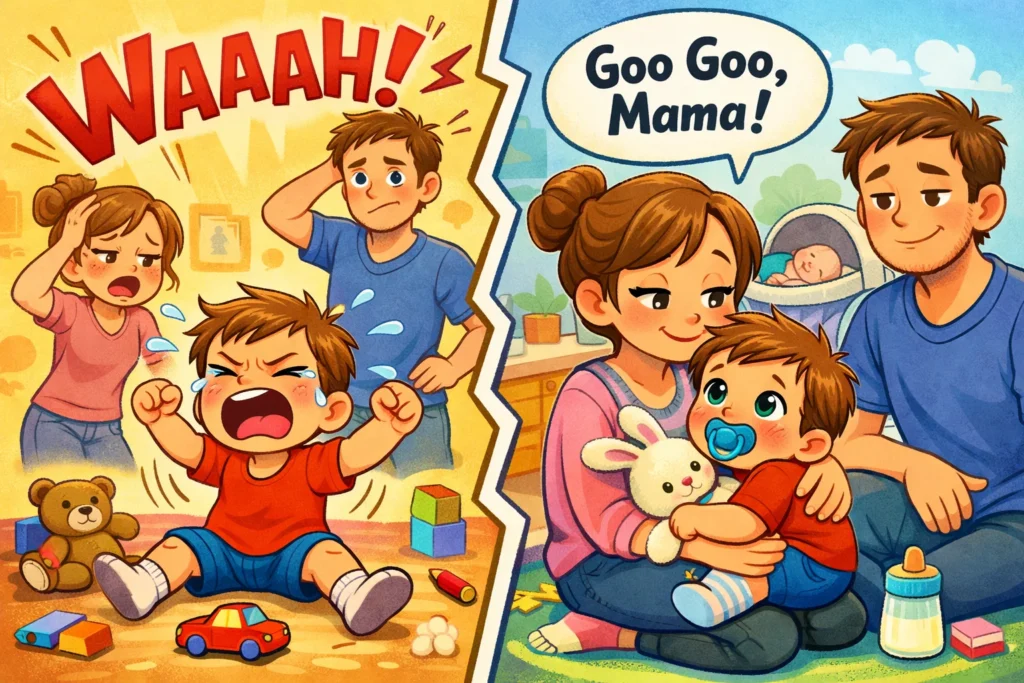 Toddler behavior changes after new baby arrives in everyday family life.
