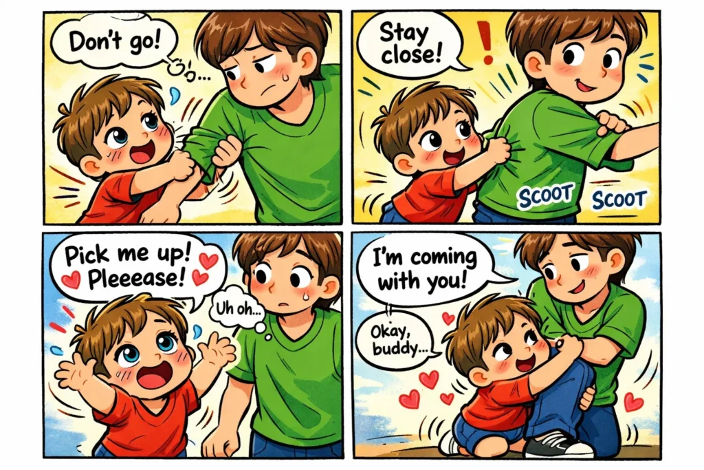 Toddler clinginess after new baby arrival with emotional and attention-seeking behavior.