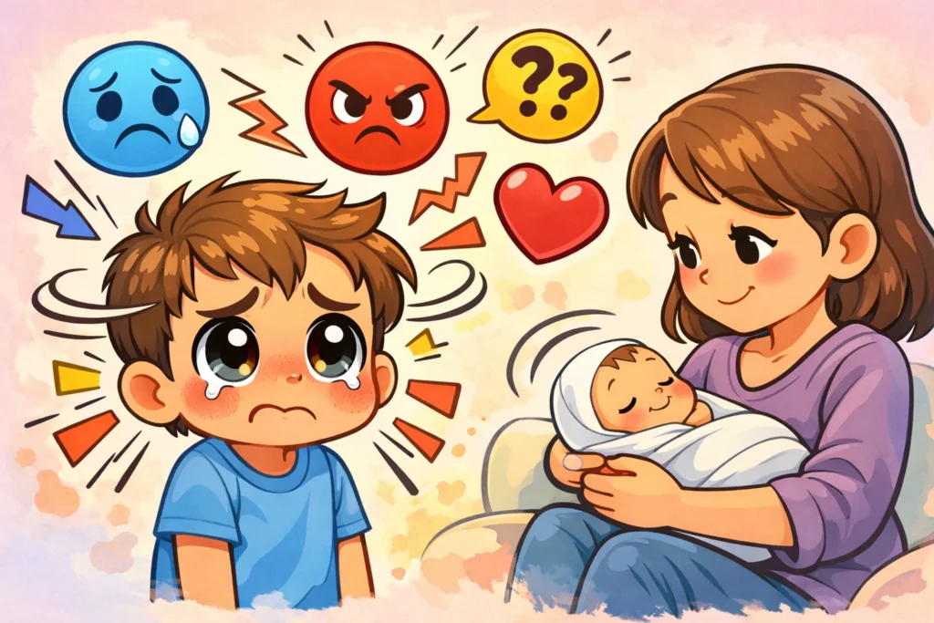 Toddler emotional reactions after new baby arrival shown through expressive behavior.