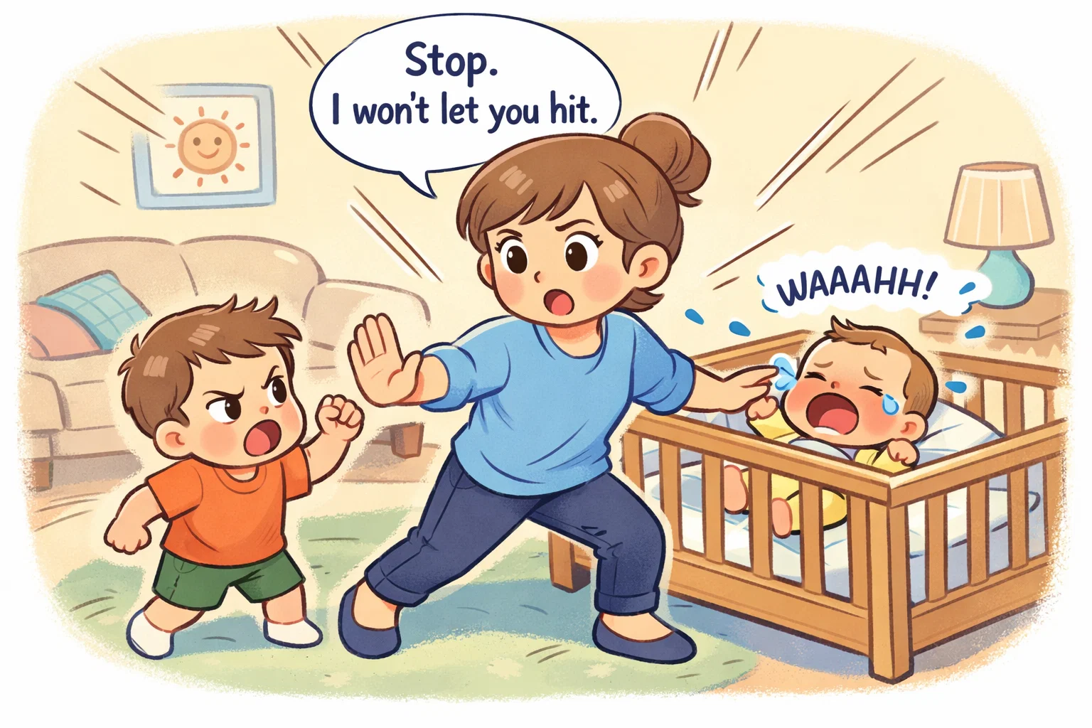 Toddler hitting newborn as parent steps in calmly to stop behavior immediately.