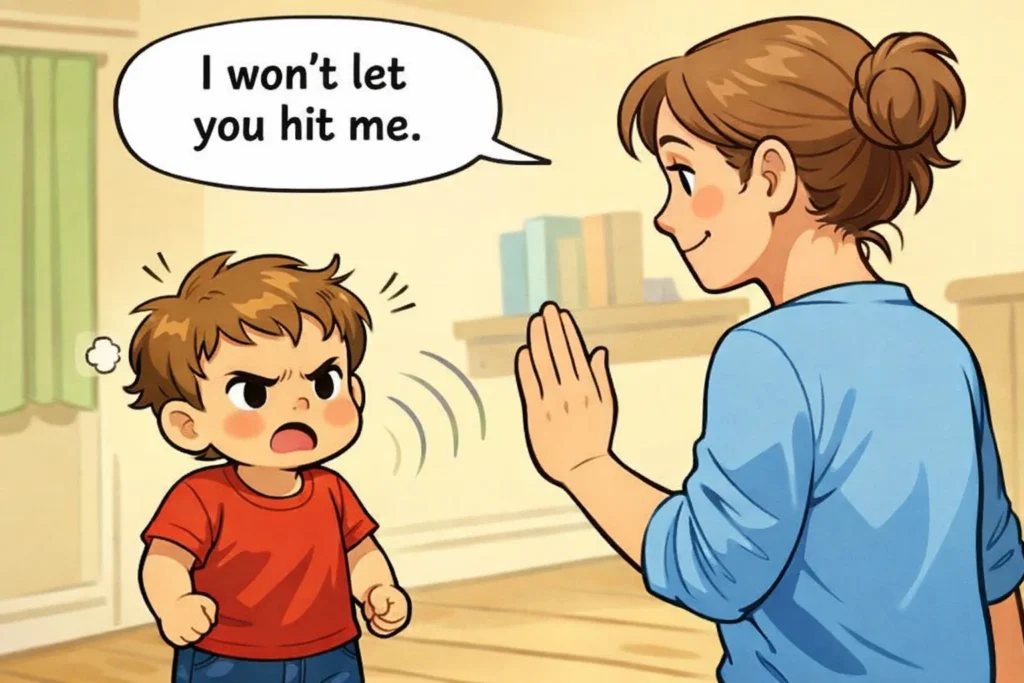 toddler-hitting-parent-setting-boundaries.webp Alt attribute:
 Toddler hitting parent as parent calmly sets boundaries without punishment.
