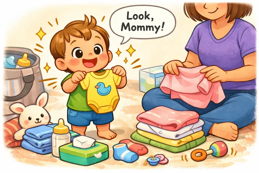 Toddler preparation before baby arrival through simple and positive involvement activities.