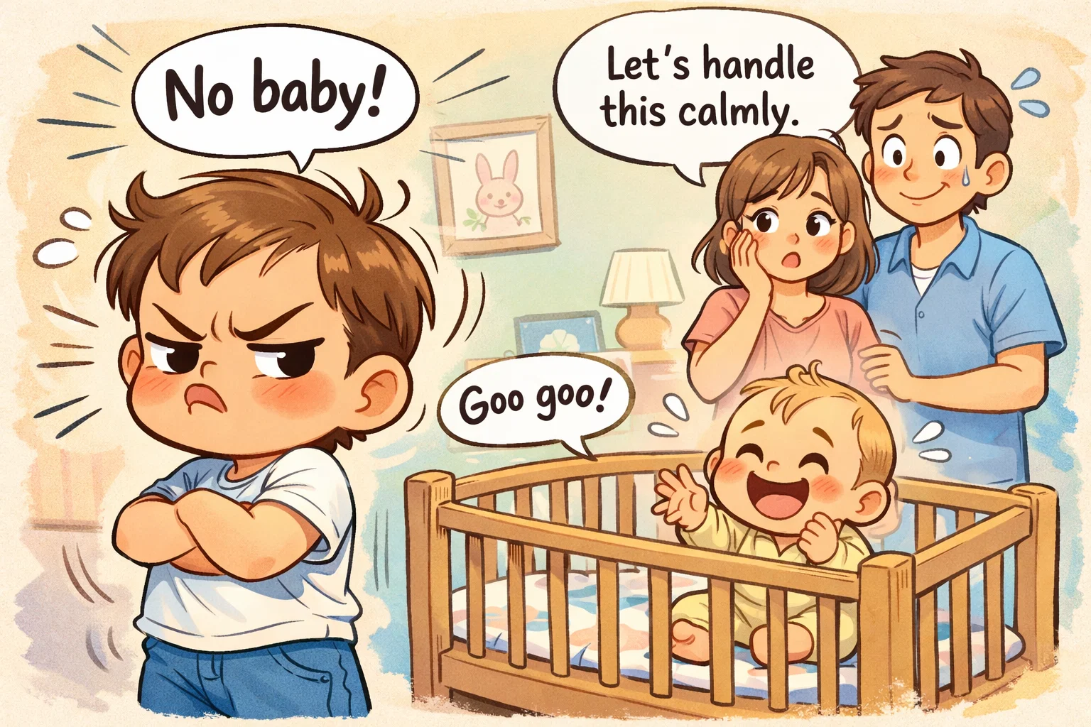 Toddler refuses baby sibling while parents respond with calm support at home.