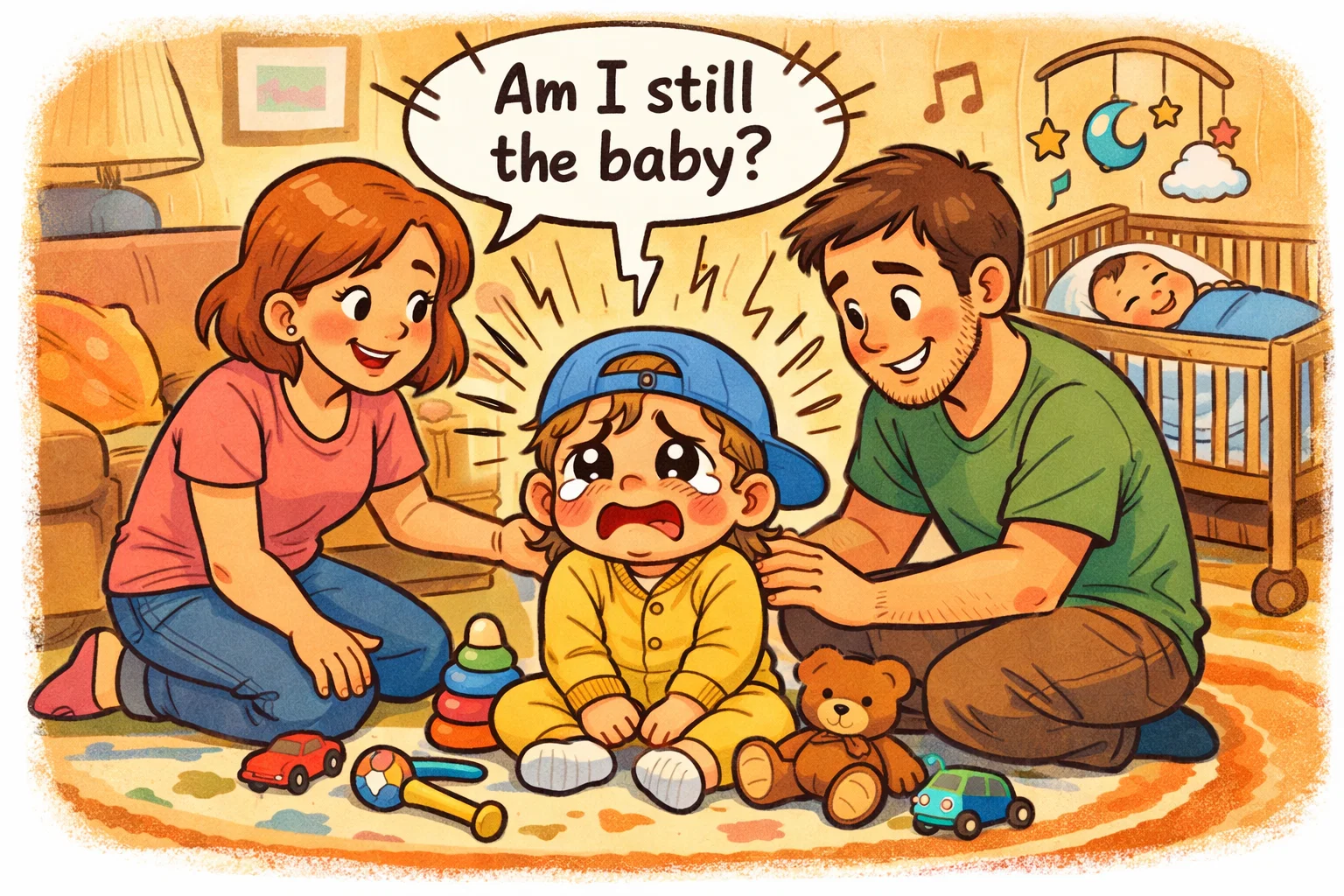 Toddler regression after baby born showing emotional reactions to new sibling.