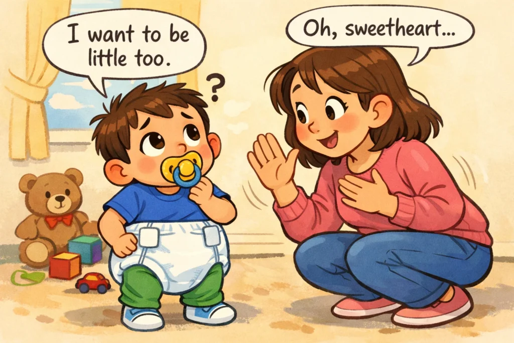 Toddler regression after new sibling arrival with patient parental response.