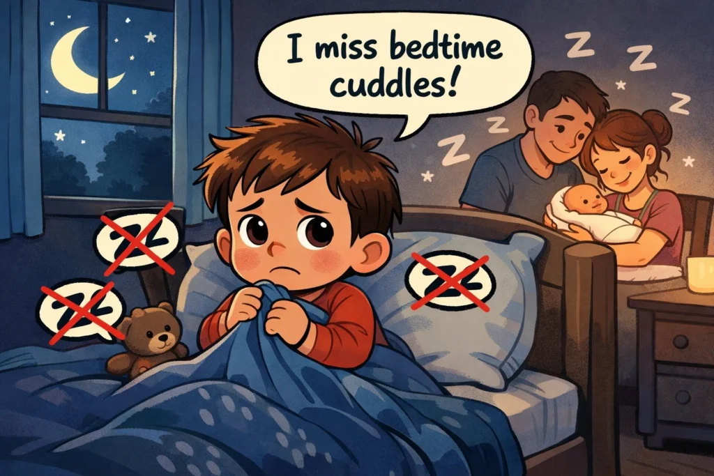 Toddler sleep regression after baby born causing night waking and sleep struggles.
