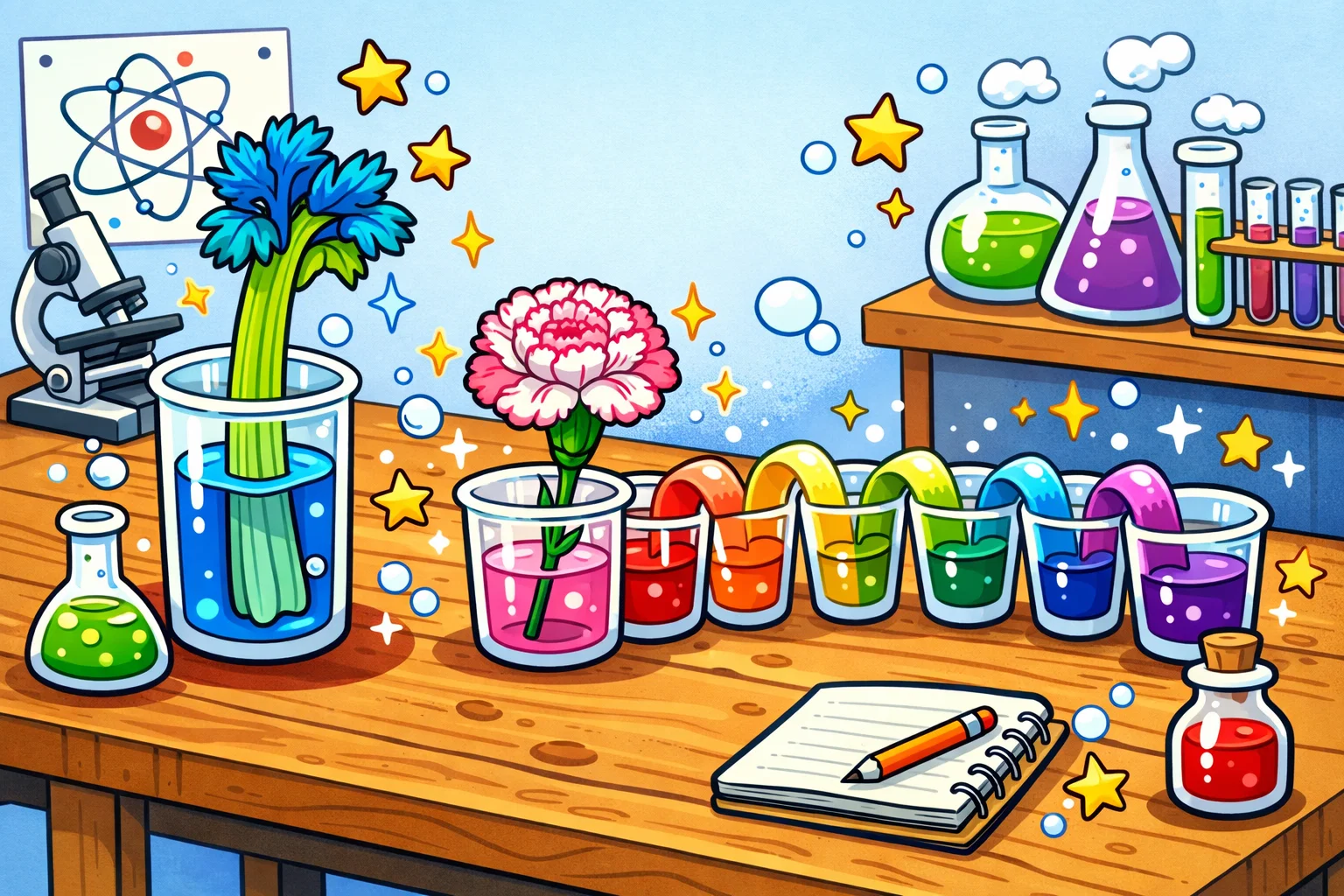 Cartoon collection of various capillary action experiments like colored celery and rainbow jars on a lab table. Cartoon collection of various capillary action experiments like colored celery and rainbow jars on a lab table.