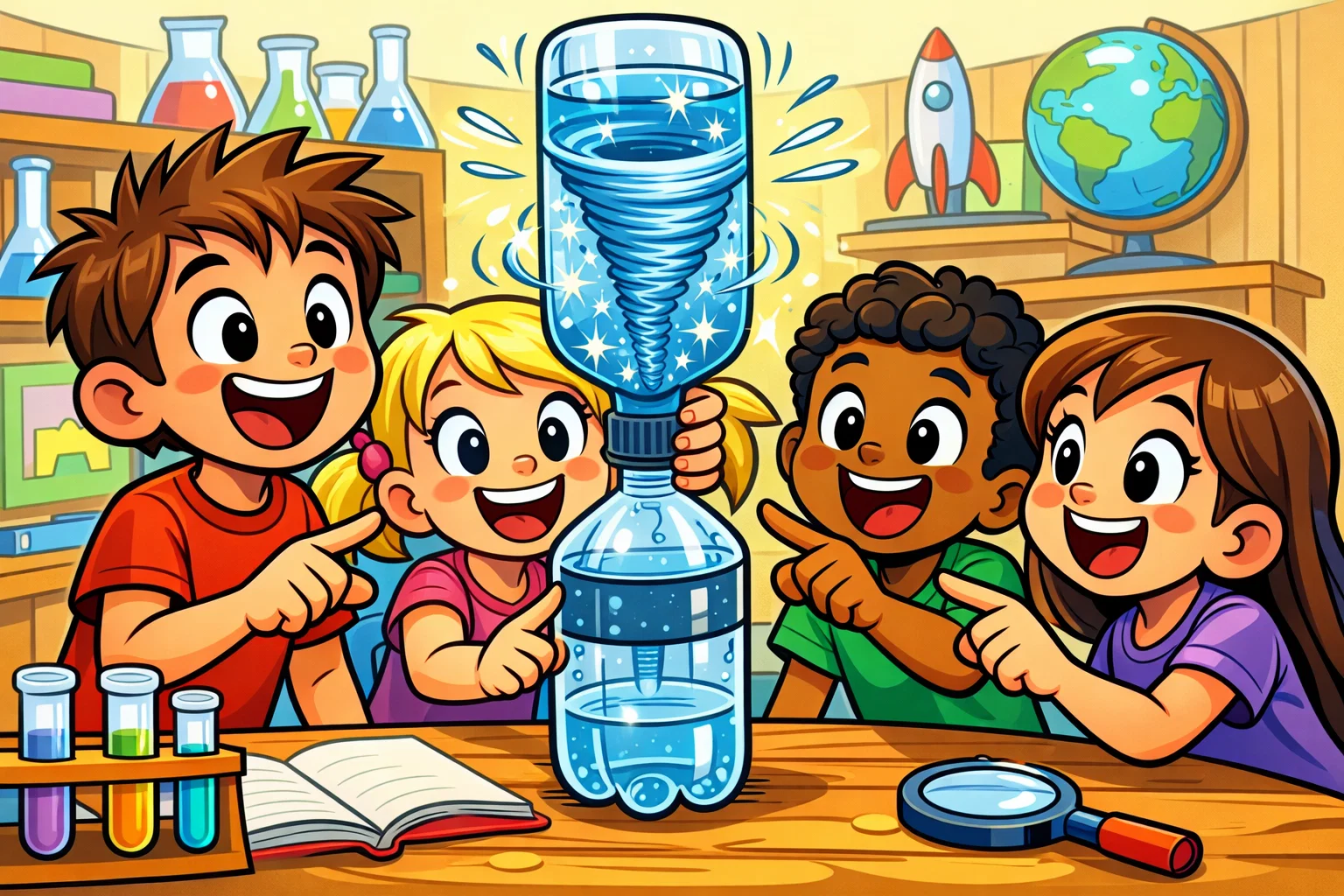 Tornado in a bottle experiment for kids showing a swirling water vortex in plastic bottles.